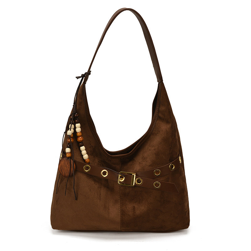Soft Suede Texture Shoulder Bag with Studded Belt Detail