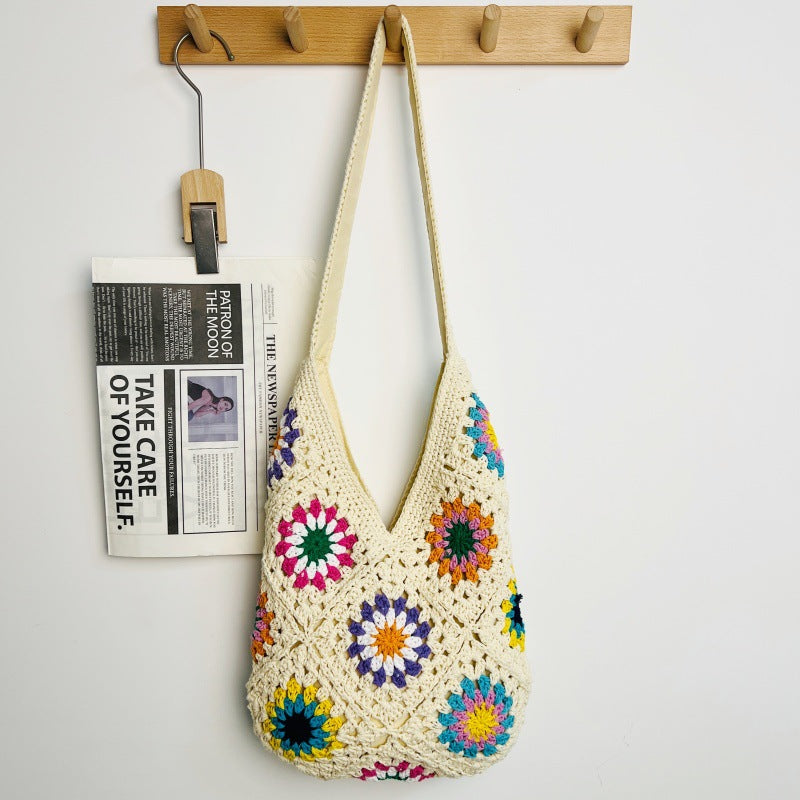 Women Fashion Crocheted Paper Shoulder Bag, Sunflower Hollow Cotton Woven Bag