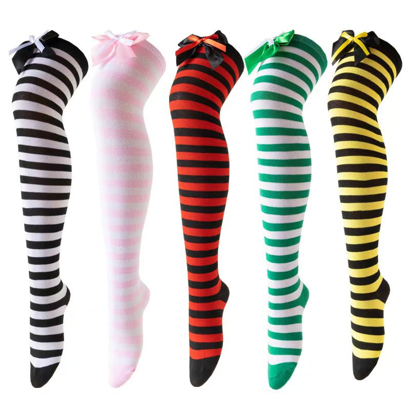 Halloween Christma Striped Thigh High Socks with Satin Bow