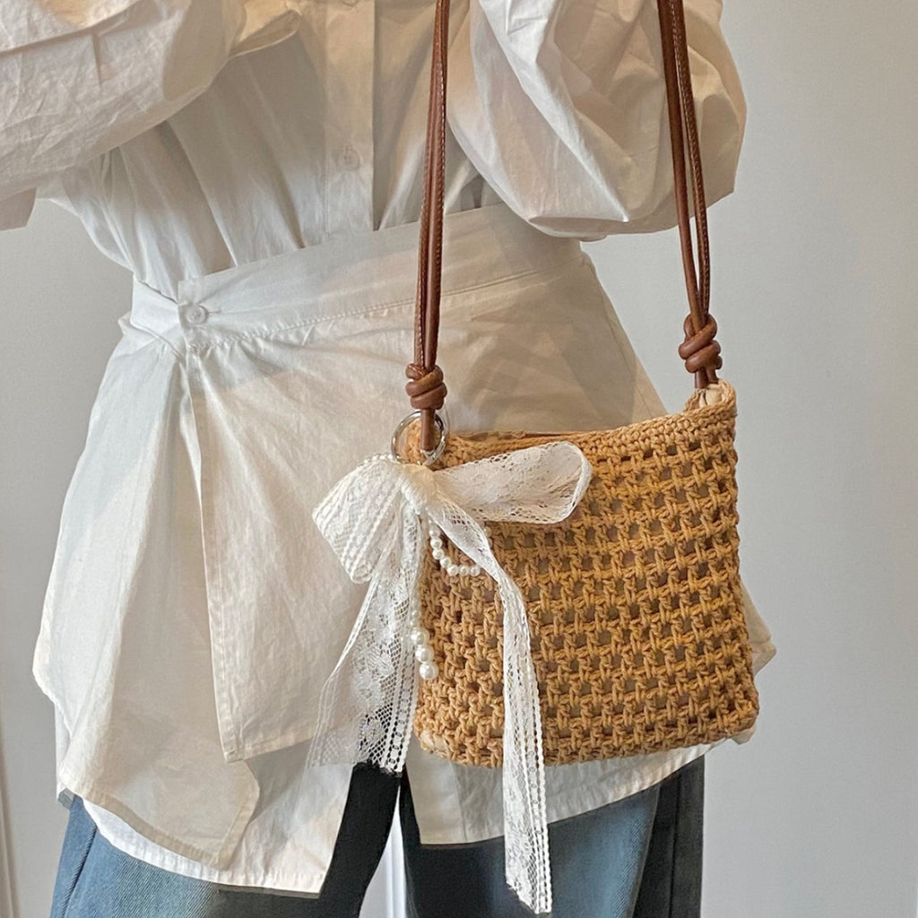 Fresh Sweet Bow Crossbody Phone 2026 New Cotton Woven Summer Beach Bag