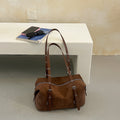 Vintage Suede Boston Bag with Buckle Straps