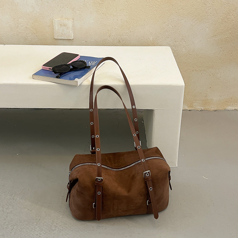 Vintage Suede Boston Bag with Buckle Straps