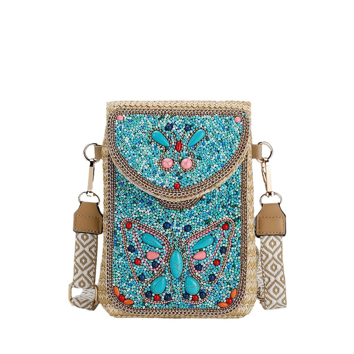 Women Luxury Straw Crossbody Bag, Fashion Beaded Woven Phone Shoulder Bag