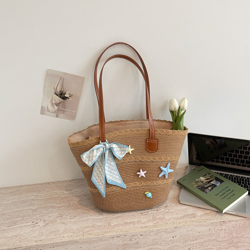 Women New Straw Picnic Woven Beach Handheld Tote Bag