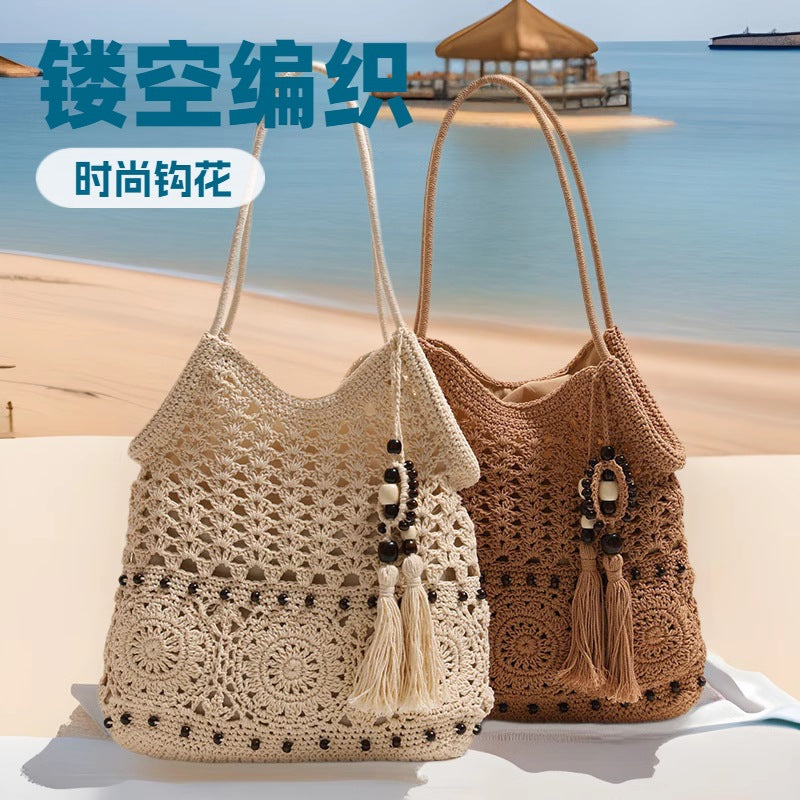 Fashionable Wooden Bead Tassel Single Shoulder Cotton Woven Bag New Casual Hollow Straw Bag Seaside Resort Style Beach Bag