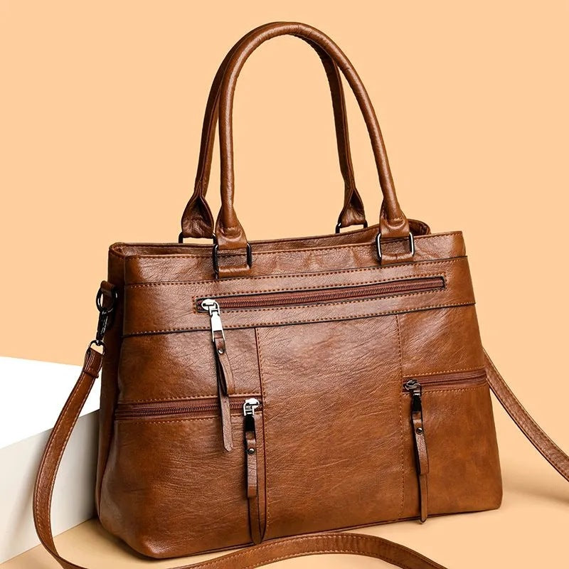 Large Vegan Leather Multi-Pocket Top Handle Satchel Bag