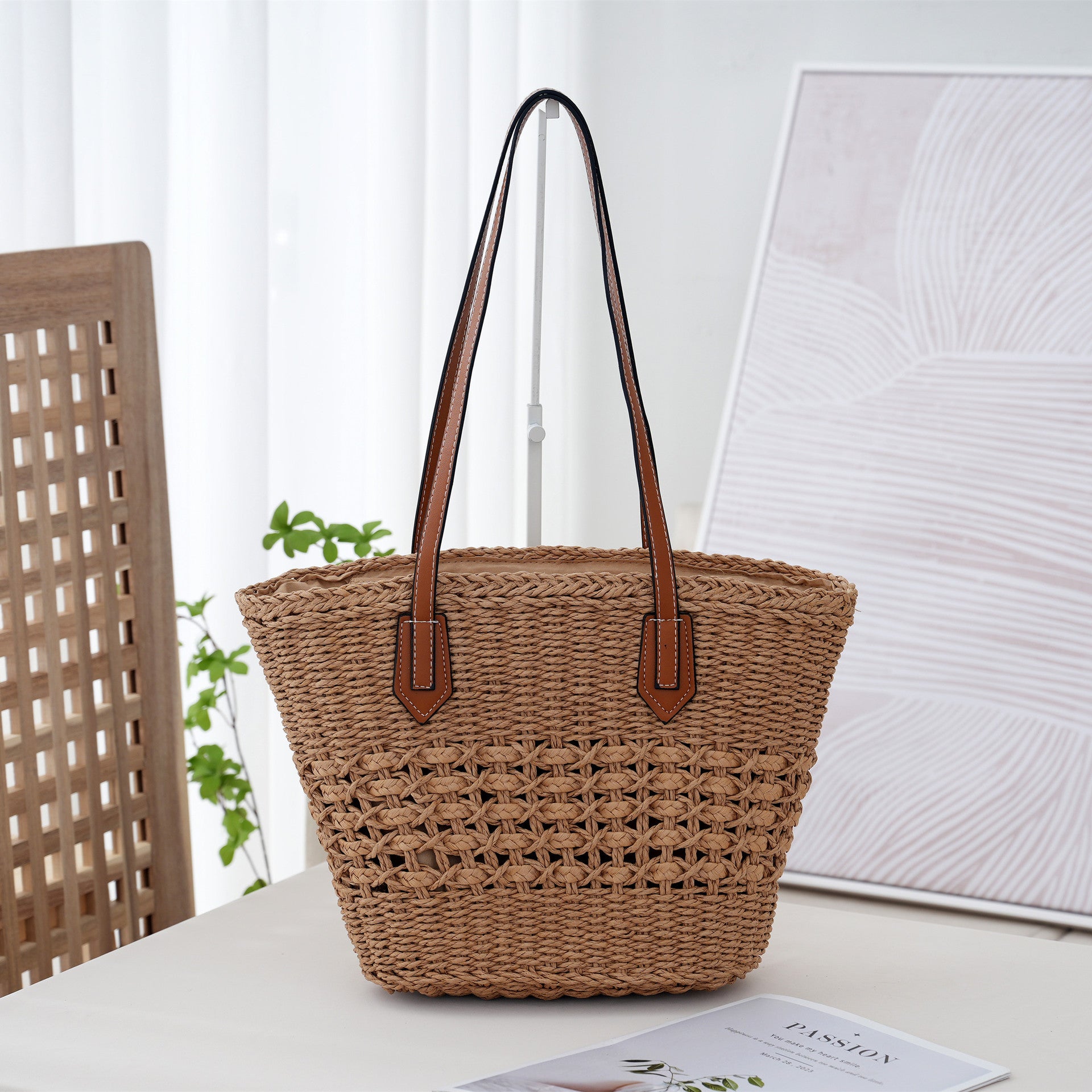 Large Capacity Woven Straw Beach Shoulder Tote Bag