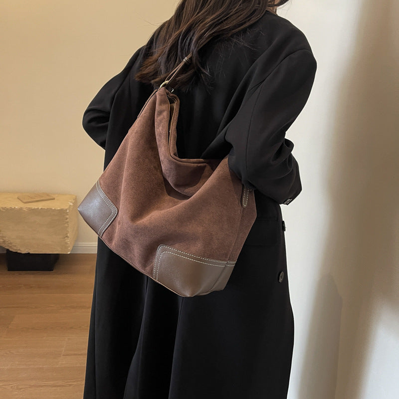 Vintage Suede Hobo Shoulder Bag with PU Leather Accents