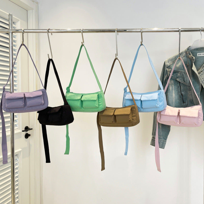 Cross-Border Waterproof Nylon Cloth Bag Ins Shoulder Bag 2025 Popular Women'S Bag Niche Style High-End Double Pocket Crossbody Bag