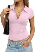 2026 New European and American Cross-Border Polo-Neck Button-Down Short-Sleeve T-Shirt for Women: Slim-Fit, Slimming, Solid-Color, Form-Fitting Top