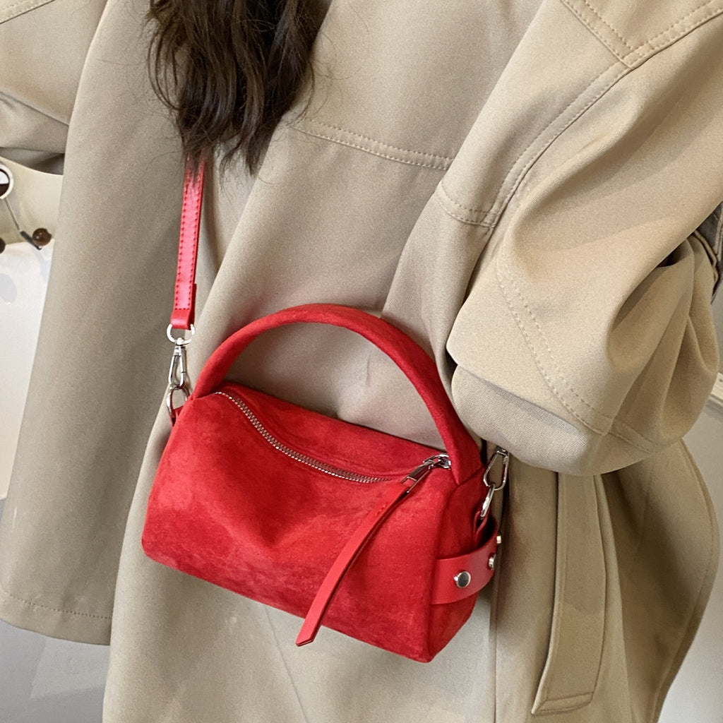 Vintage Faux Suede Mini Boston Handbag with Detachable Strap