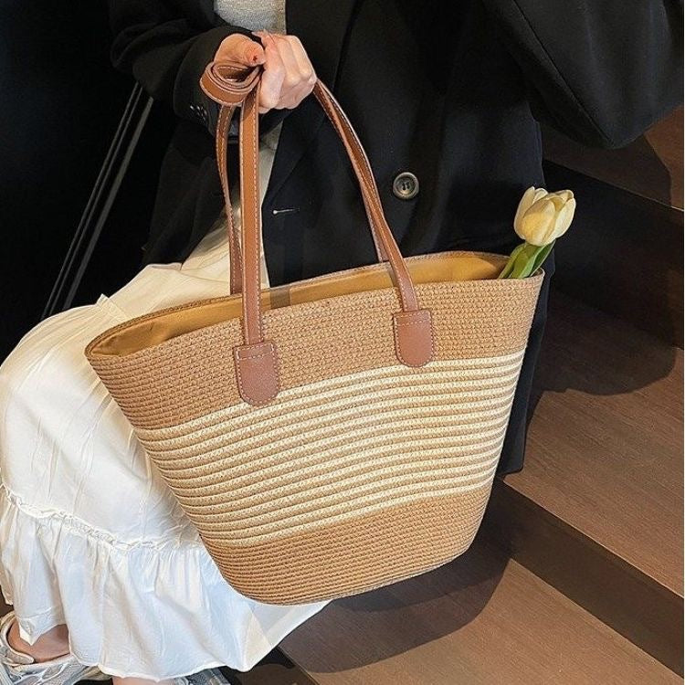 Women Straw Beach Black Stripe 2026 New Casual Summer Shoulder Tote Bag