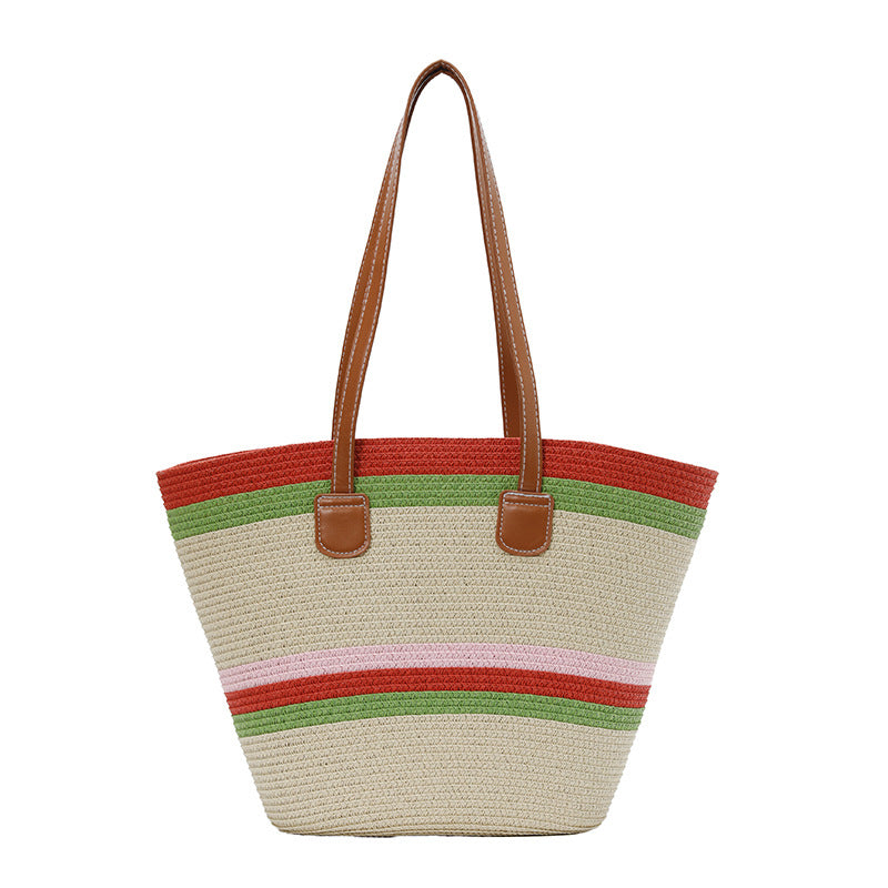 Color-Block Striped Large Capacity Straw Beach Tote