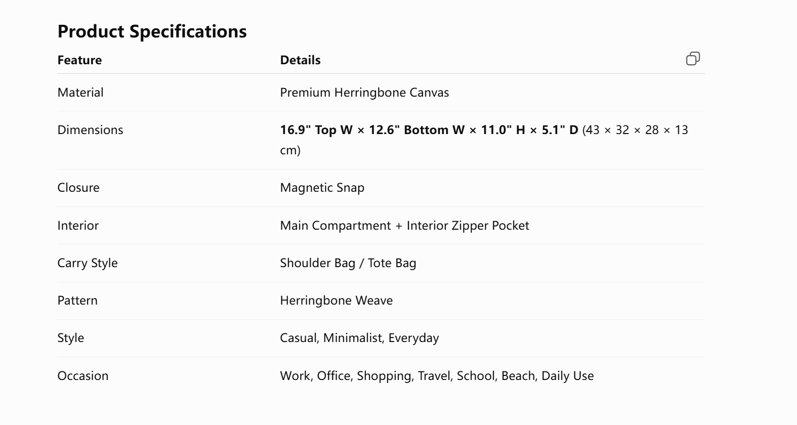 Large Canvas Herringbone Shoulder Tote Bag