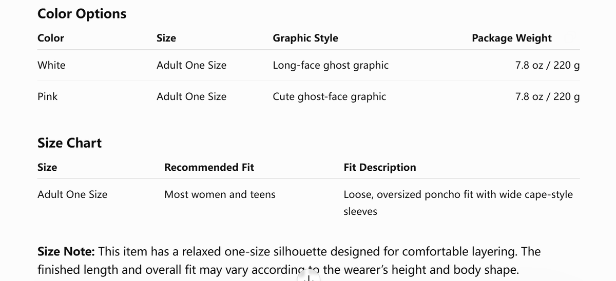 Oversized  Hooded Ghost Halloween Poncho Costume in White or Pink