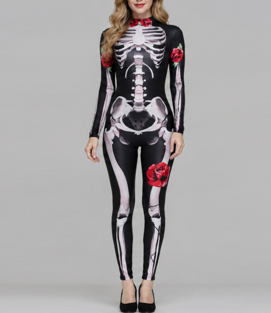 Cross-border new Halloween skeleton print cos costume skeleton jumpsuit European and American stage costume