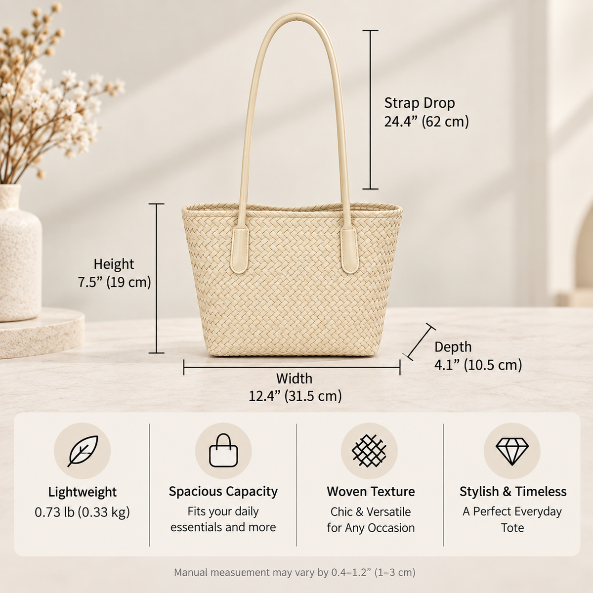 Classic Woven Tote Shoulder Bag with Double Shoulder Straps