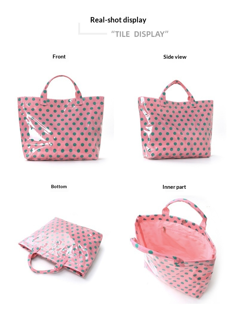 Large Polka Dot PVC Tote Bag with Interior Zipper Pocket and Double Handles