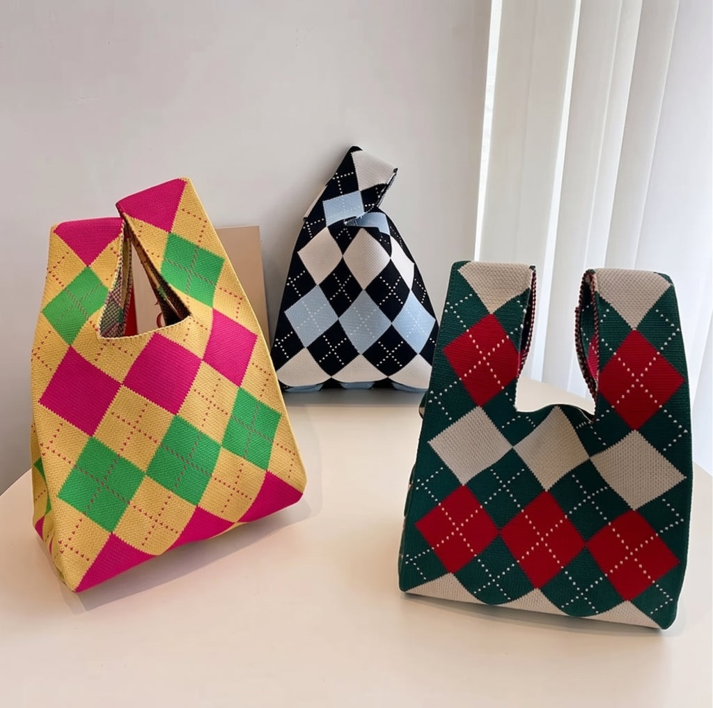 Colorful Geometric Knit Tote With Wide Handles