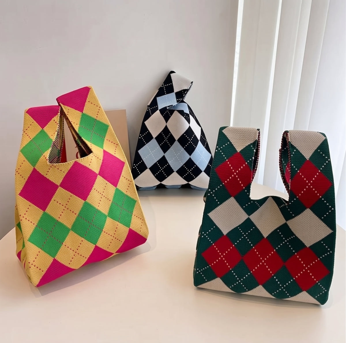 Colorful Geometric Knit Tote With Wide Handles