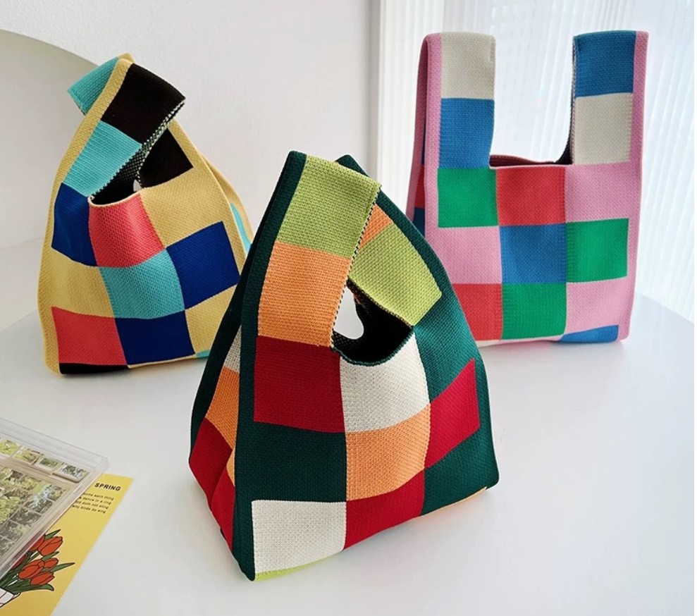 Colorful Geometric Knit Tote With Wide Handles
