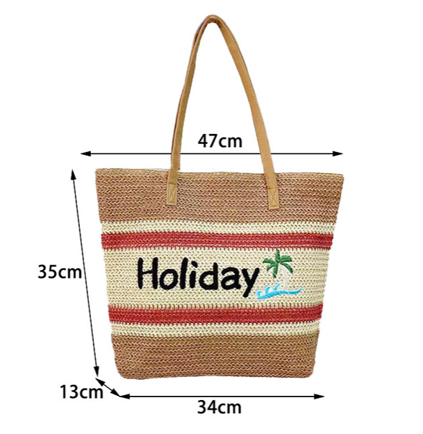 Striped Contrast Letter Embroidery Woven Beach Shoulder Bag