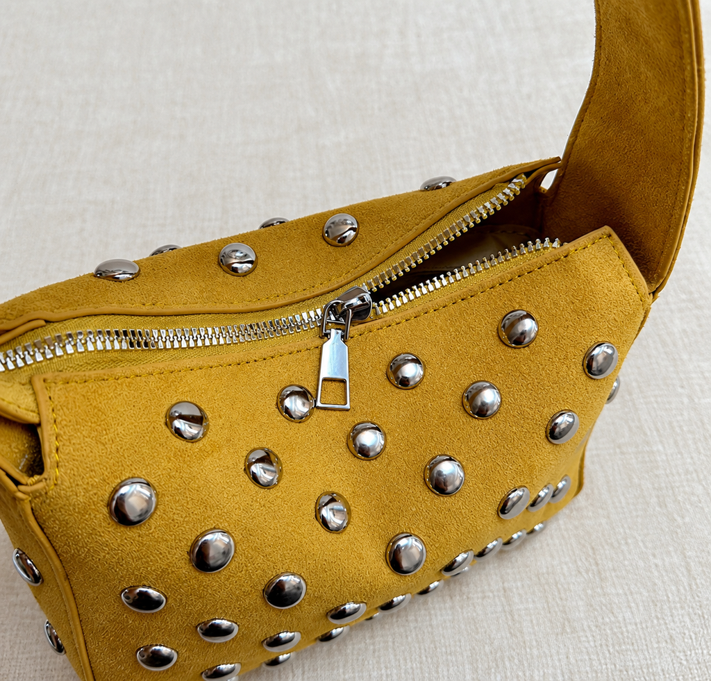 Suede Studded Shoulder Bag with Sleek Zipper Closure