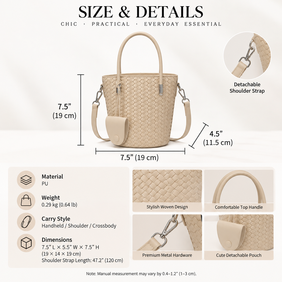 Woven Bucket Bag with Detachable Strap and Zipper