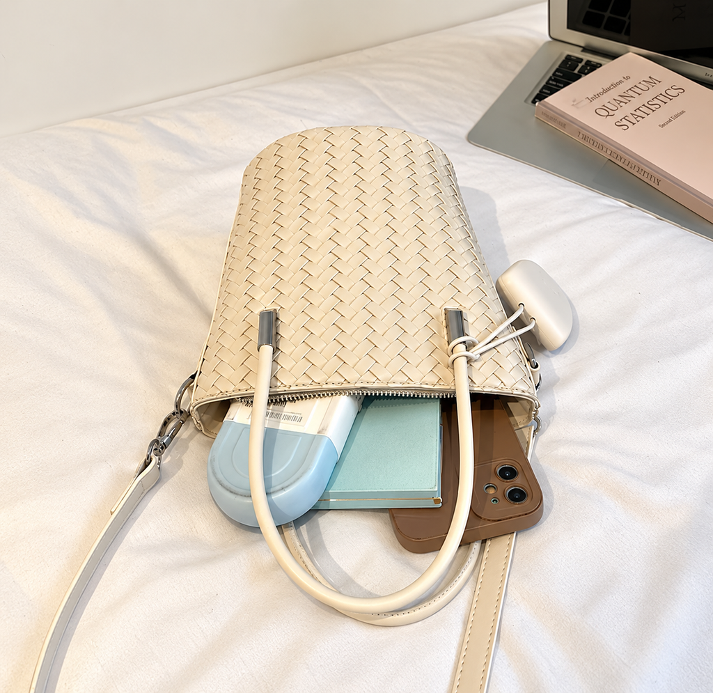 Woven Bucket Bag with Detachable Strap and Zipper
