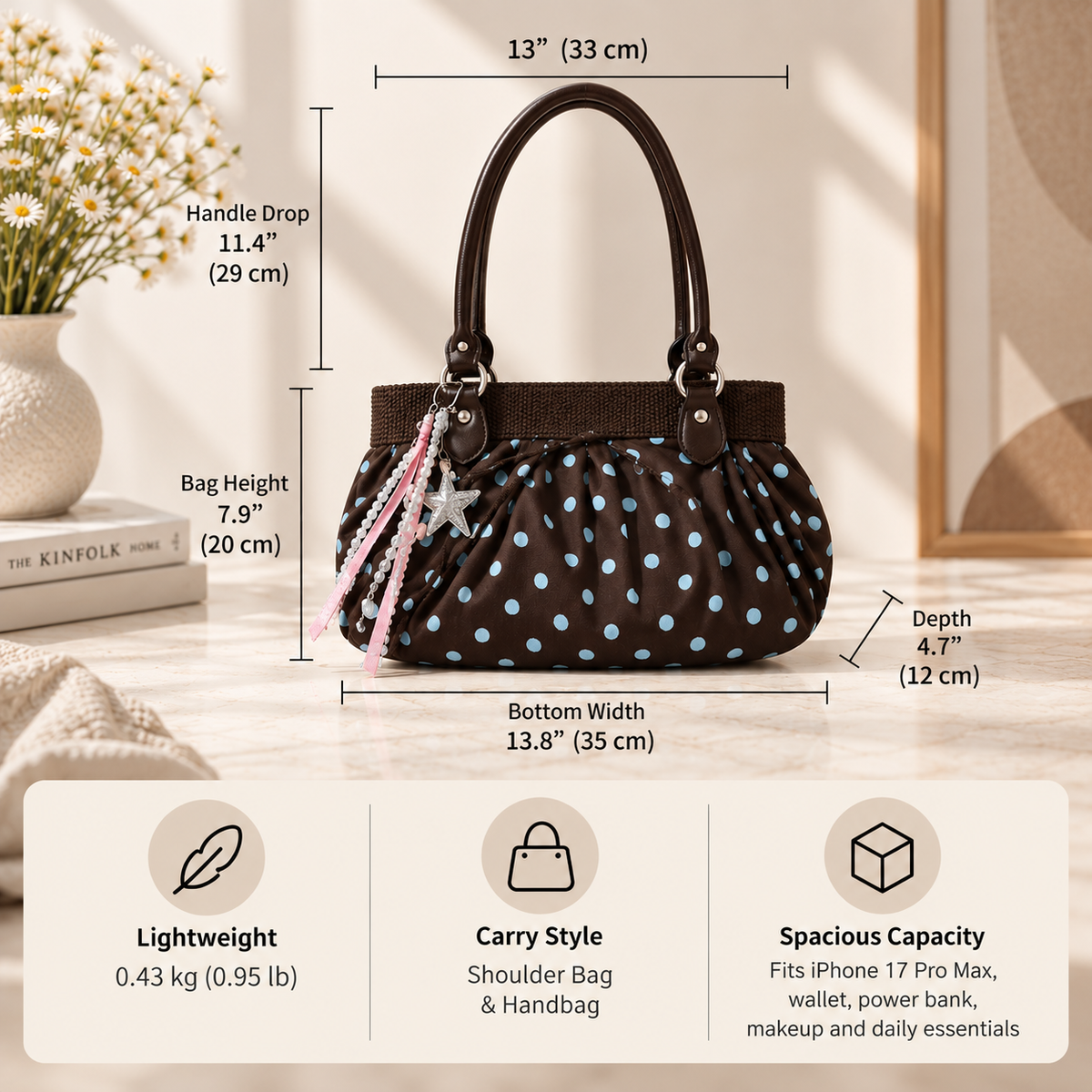 Polka Dot Ruched Shoulder Bag with Bow Detail