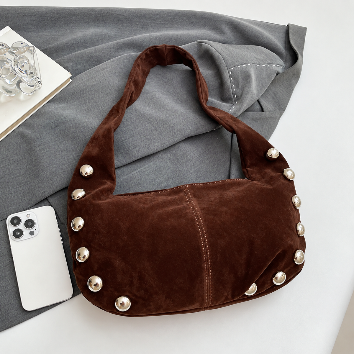 Suede Studded Hobo Shoulder Bag