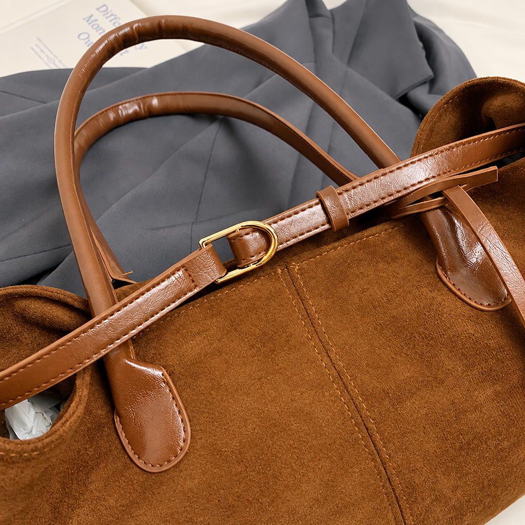 Vintage Suede-Look East-West Shoulder Bag with Belt Detail