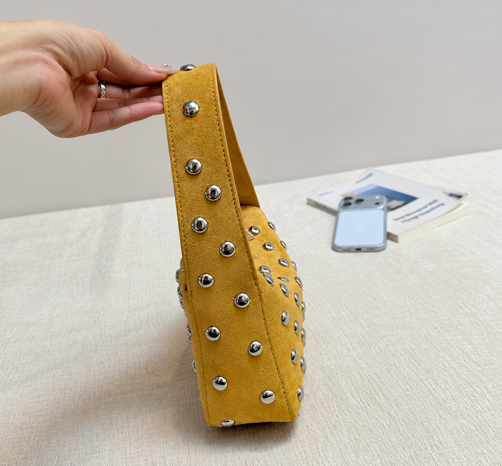Suede Studded Shoulder Bag with Sleek Zipper Closure