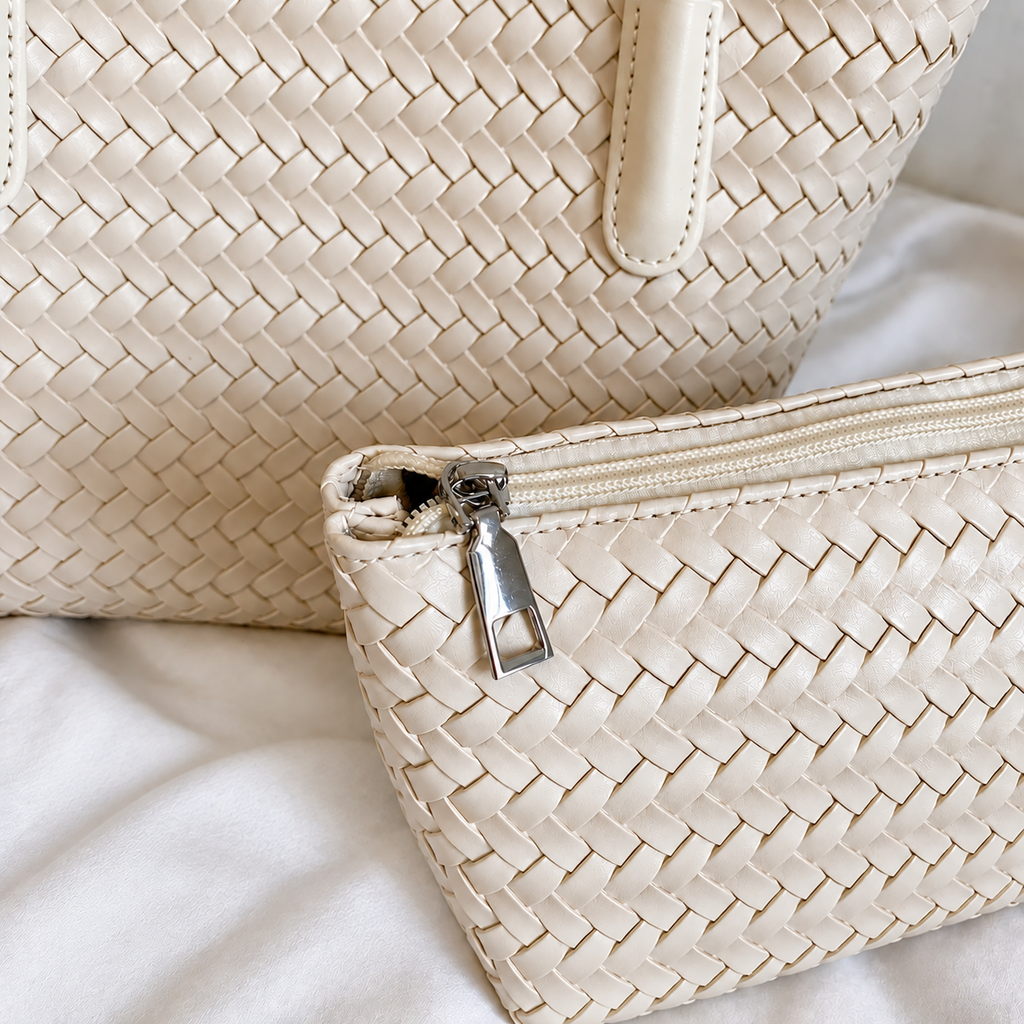 Classic Woven Tote Shoulder Bag with Double Shoulder Straps