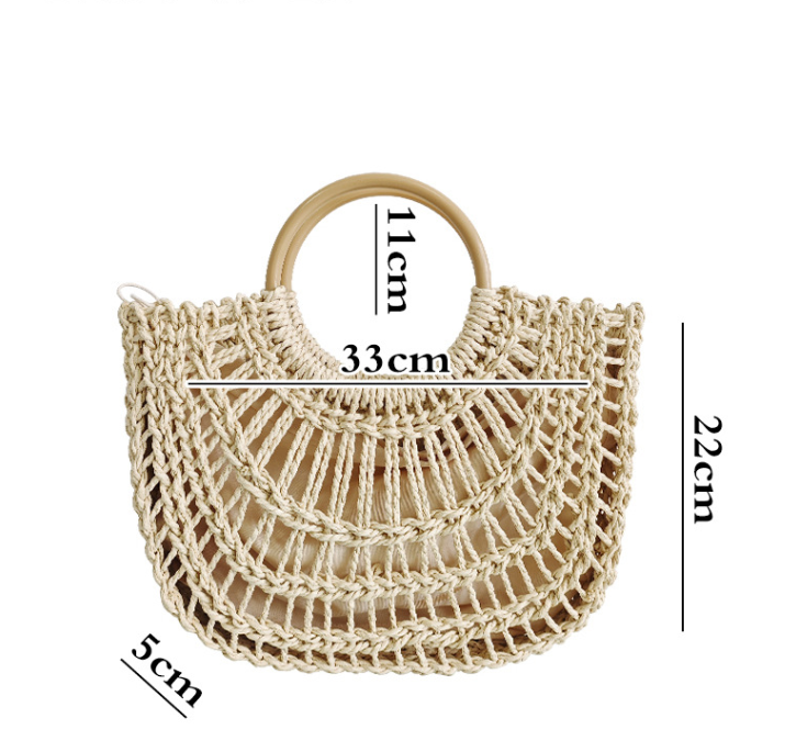 Solid Color Hand-Woven Hollow Straw Retro Beach Bag