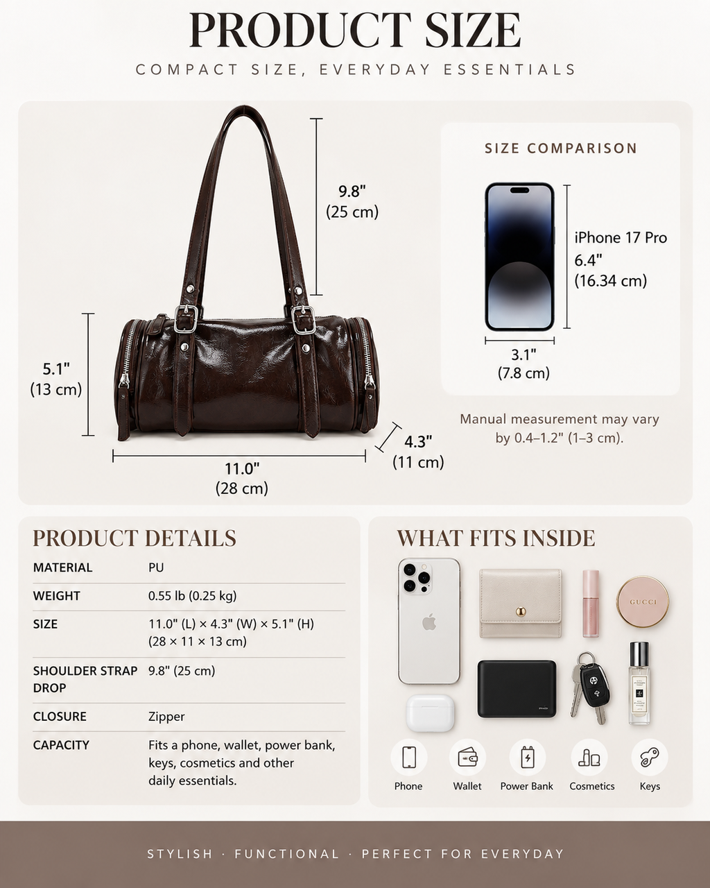 Barrel Shoulder Bag with Sleek Zippers and Buckle Accents