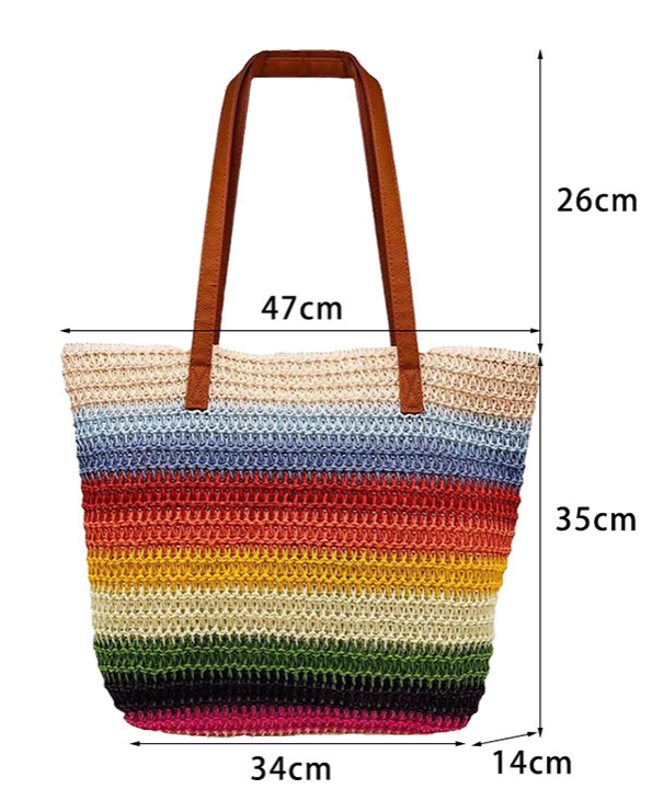 Rainbow Stripe Contrast Color Woven Straw Beach Bag