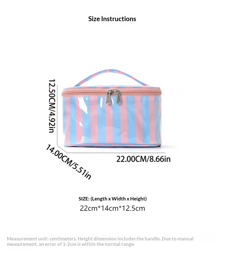 Striped Clear PVC Cosmetic Bag with Top Handle and Double Zip Closure
