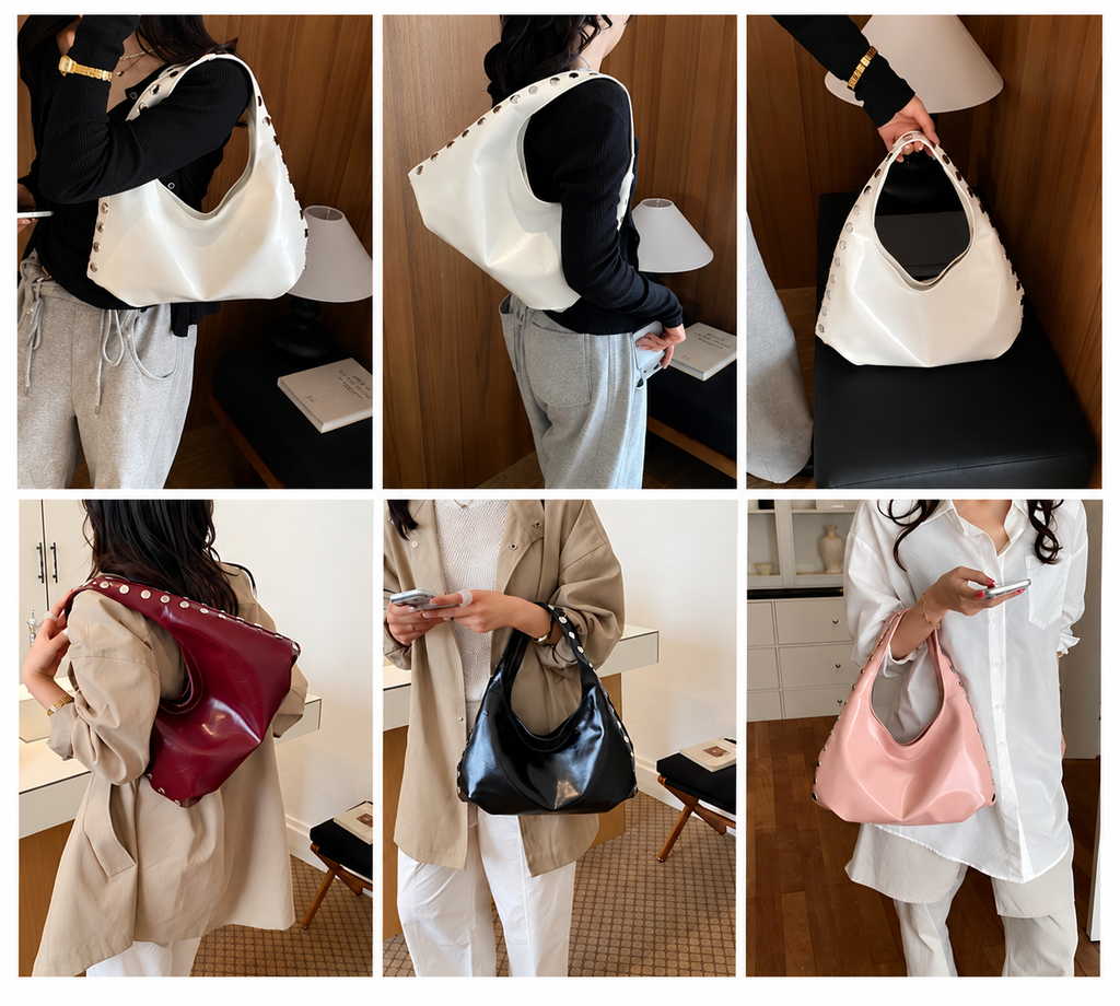 Glossy Hobo Shoulder Bag with Bold Metal Stud Detailing