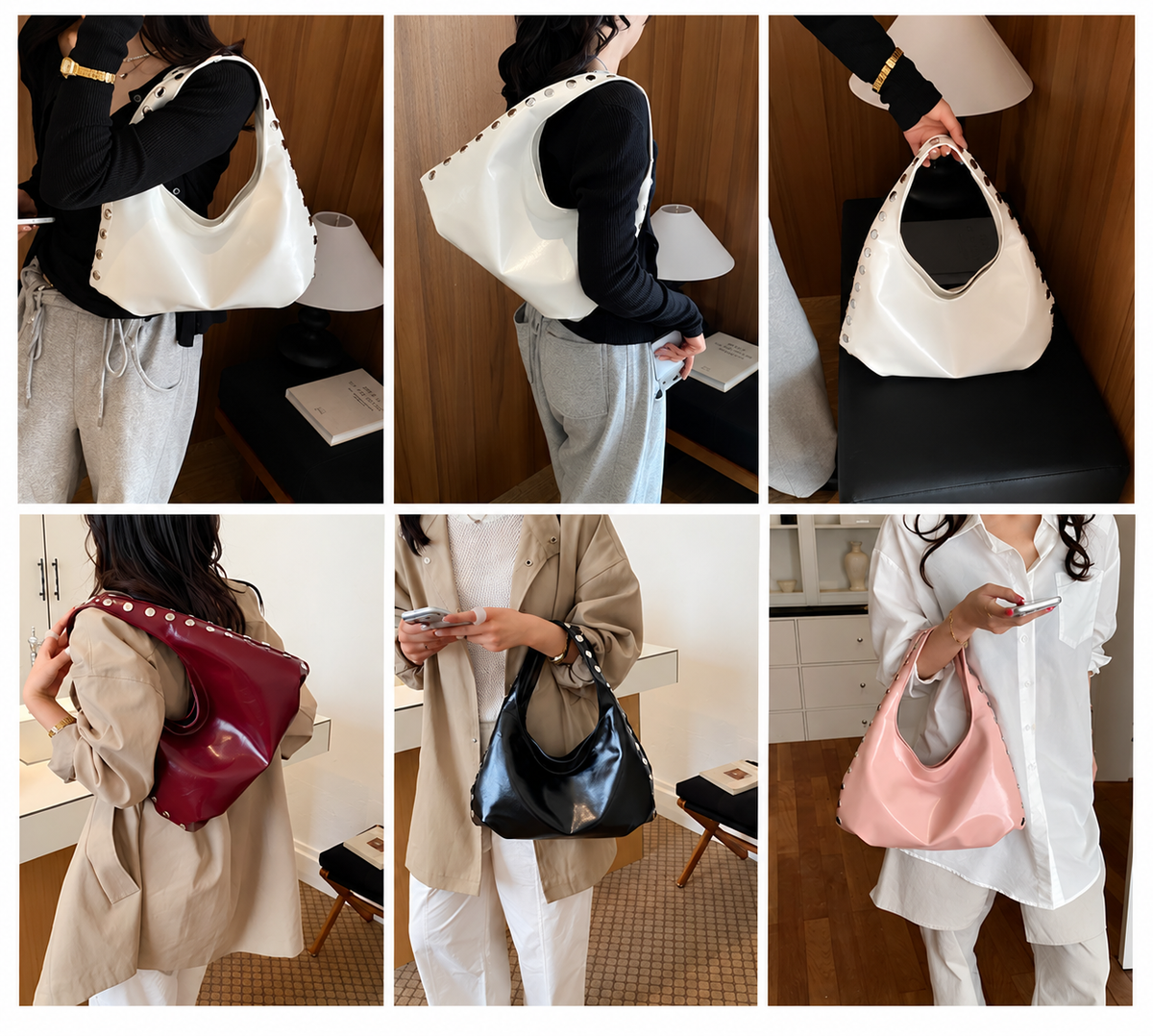 Glossy Hobo Shoulder Bag with Bold Metal Stud Detailing