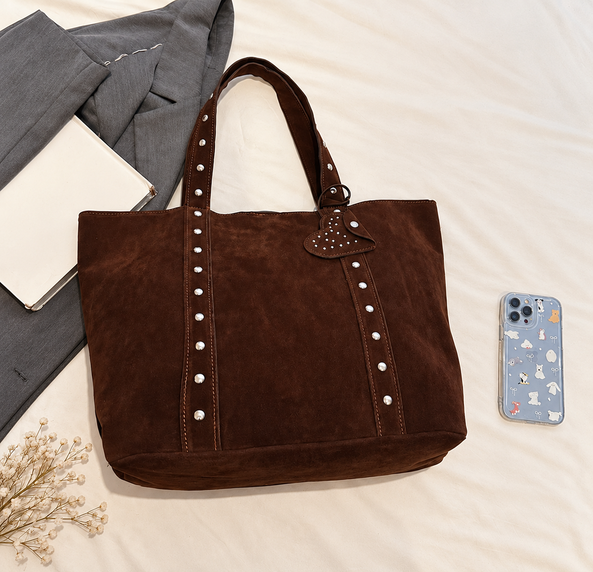 Vintage Suede-Look Studded Tote Bag with Heart Charm