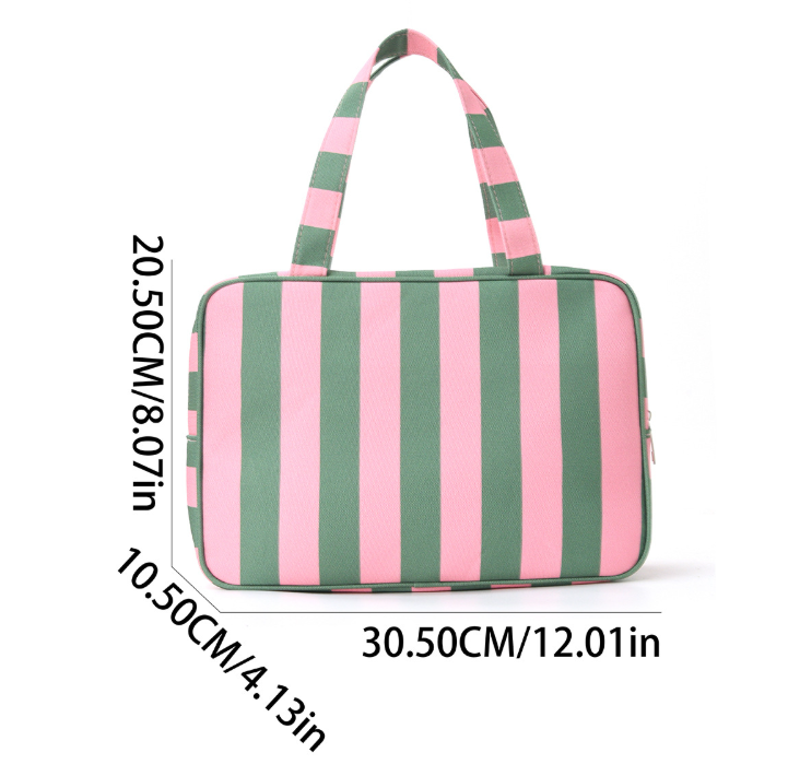 Pink White Striped Canvas Cosmetic Travel Bag