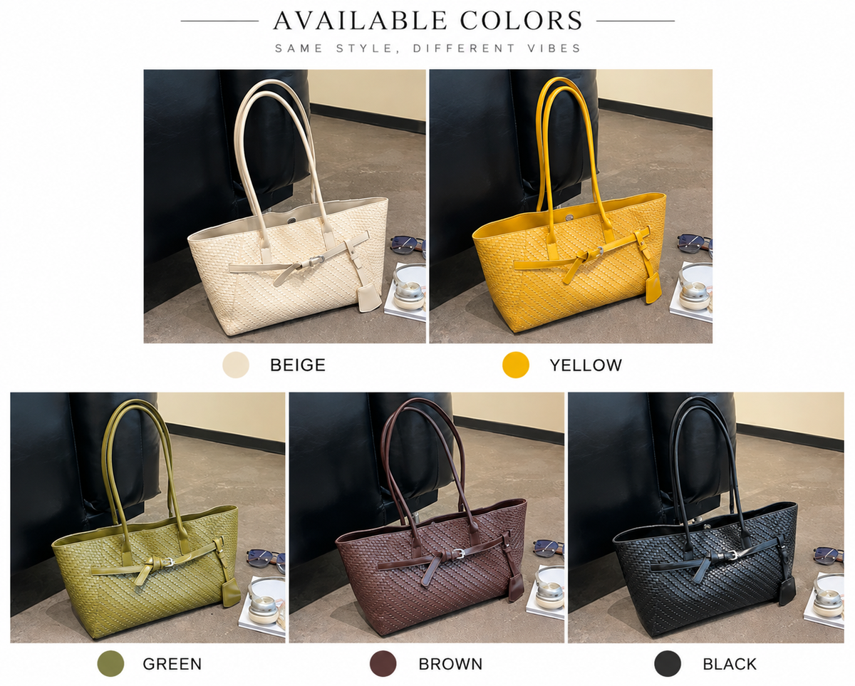 Textured Woven East-West Tote Bag with Belt Buckle Detail