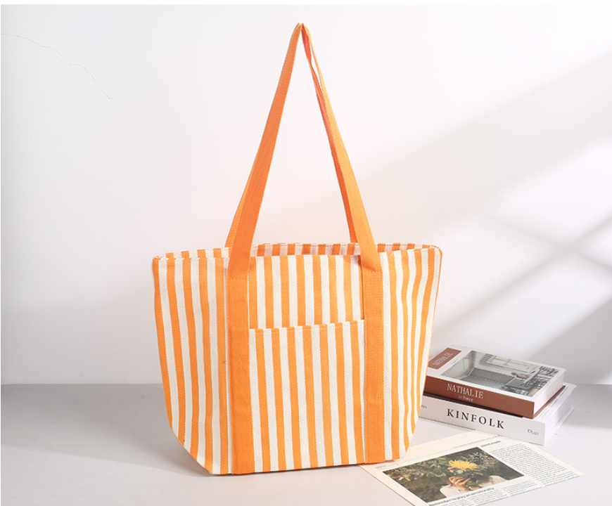 Vertical Stripe Long Handle Canvas Tote Bag