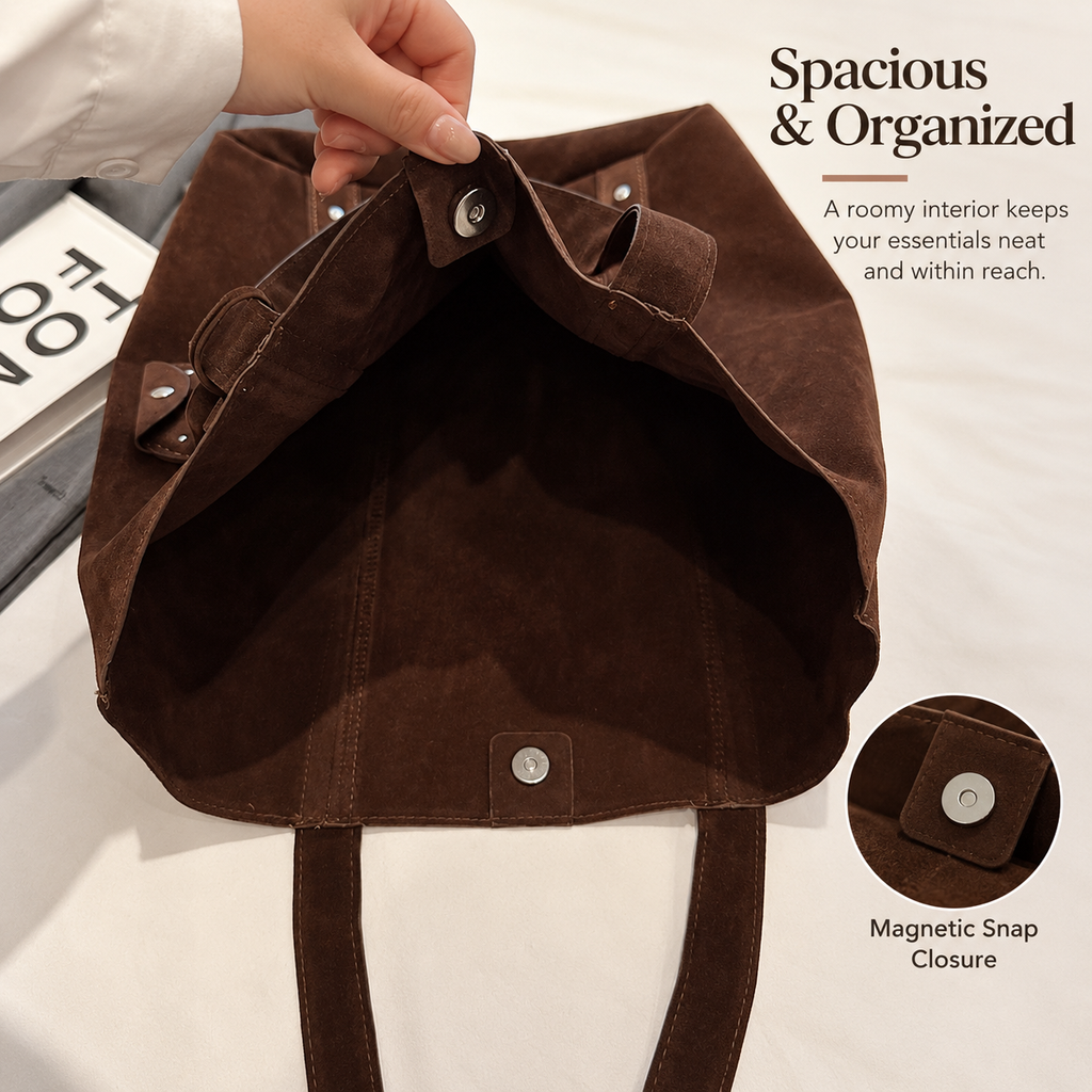Vintage Suede-Look Studded Tote Bag with Heart Charm