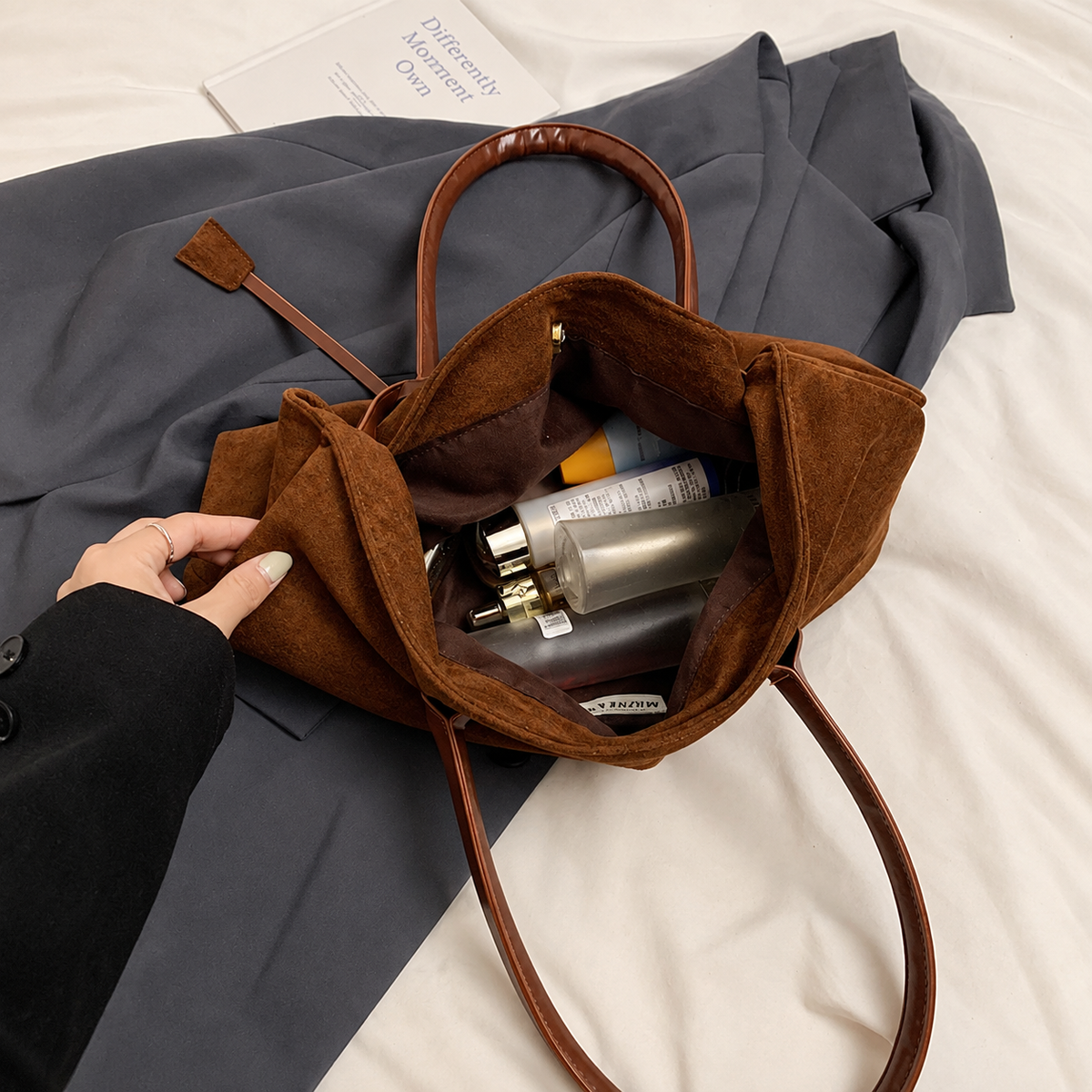Vintage Suede-Look East-West Shoulder Bag with Belt Detail
