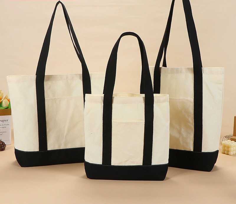 Color Block Canvas Exterior Pocket Carry Tote Bag