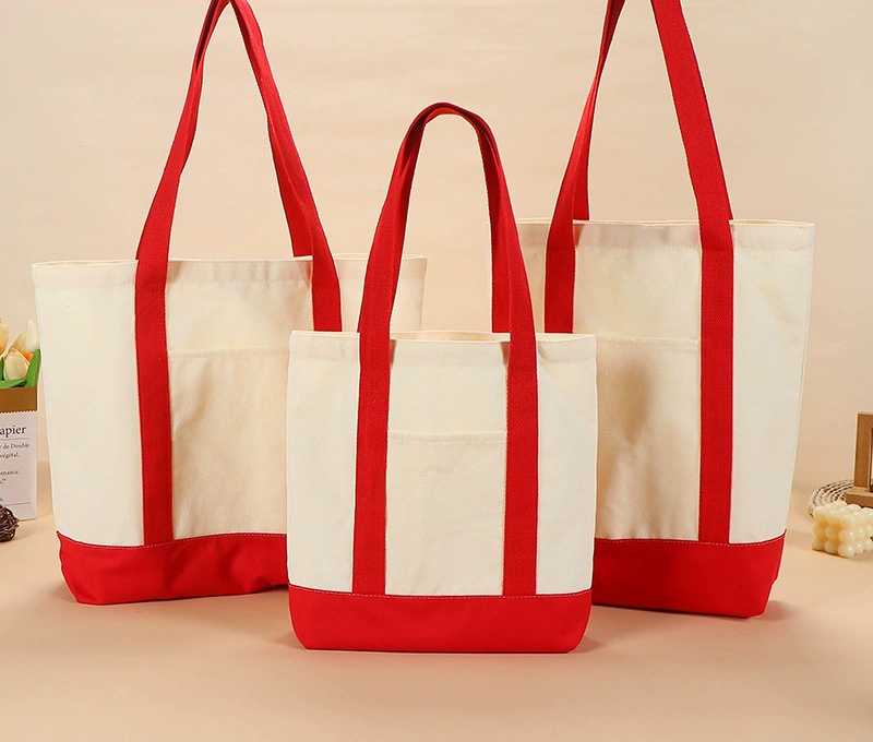 Color Block Canvas Exterior Pocket Carry Tote Bag