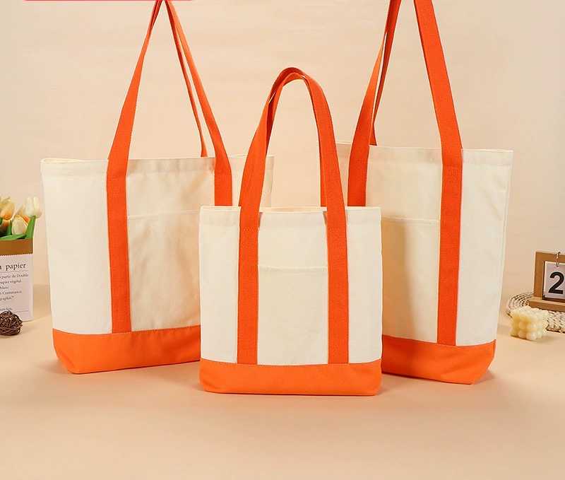 Color Block Canvas Exterior Pocket Carry Tote Bag