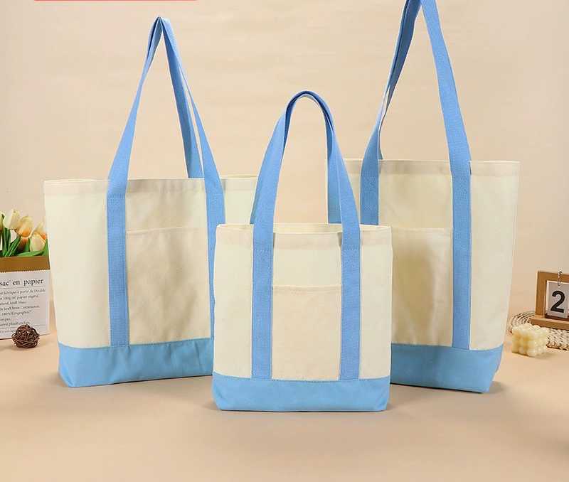 Color Block Canvas Exterior Pocket Carry Tote Bag